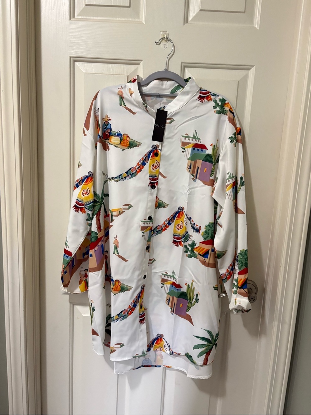 Women’s White Printed Long-Sleeve Button Shirt - Colorful Scenic Print